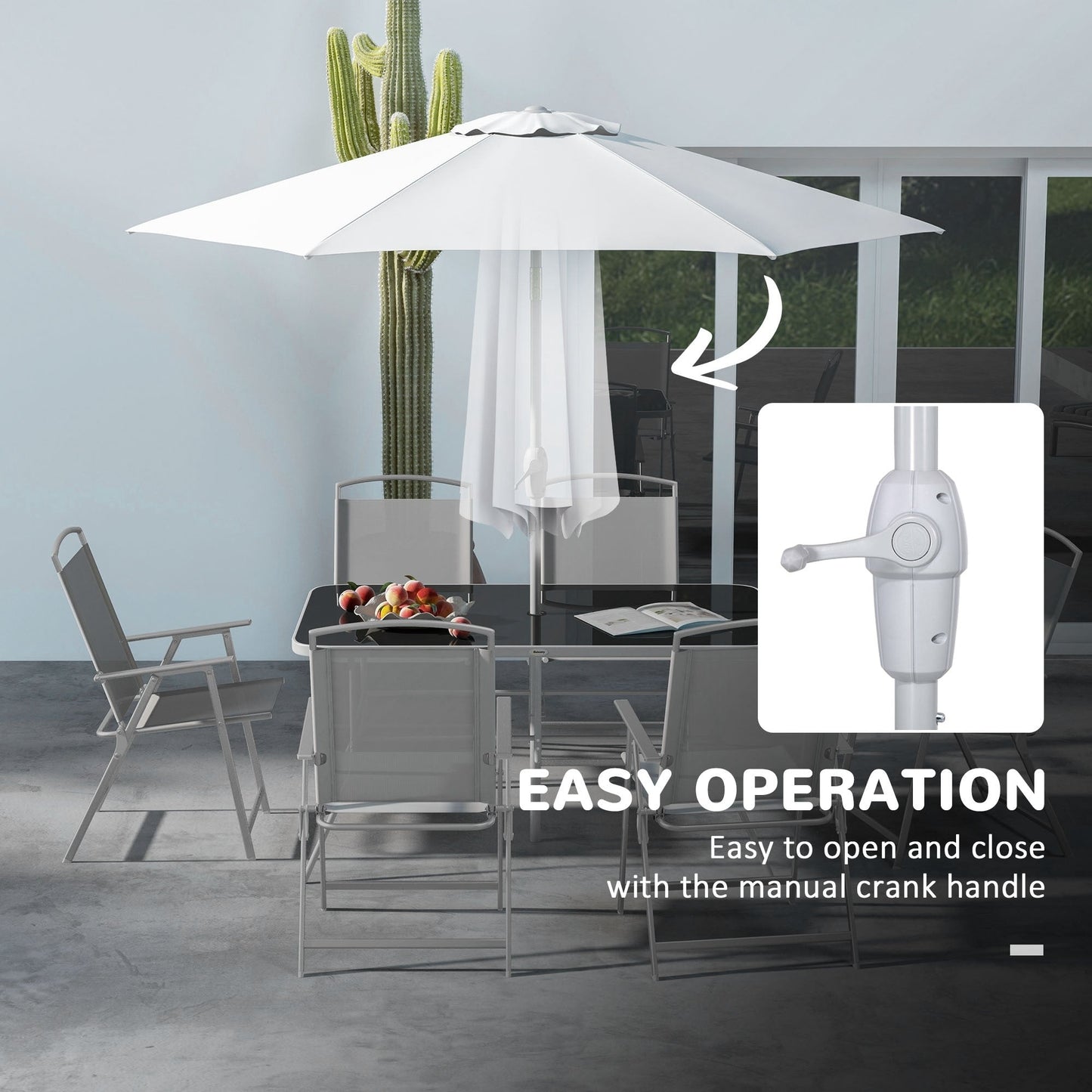 Outsunny Set da pranzo da esterno da 8 pezzi con tavolo, ombrellone, 6 sedie pieghevoli e tavolo da pranzo rettangolare, set di mobili da esterno per patio