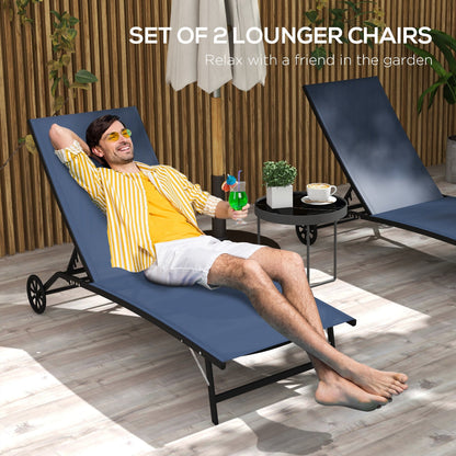 Set di 2 sedie a sdraio da giardino Outsunny, reclinabili da esterno in 2 pezzi con ruote, schienale regolabile su 5 livelli