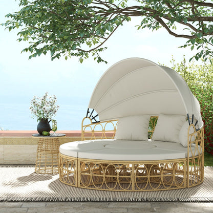Set di mobili da giardino Outsunny, divano letto rotondo da esterno con baldacchino retrattile, divano componibile in rattan PE con vimini cavo