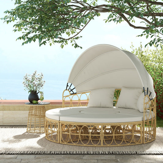 Set di mobili da giardino Outsunny, divano letto rotondo da esterno con baldacchino retrattile, divano componibile in rattan PE con vimini cavo