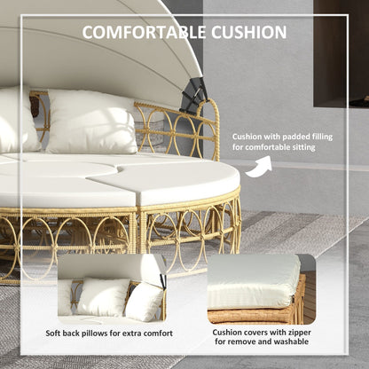 Set di mobili da giardino Outsunny, divano letto rotondo da esterno con baldacchino retrattile, divano componibile in rattan PE con vimini cavo