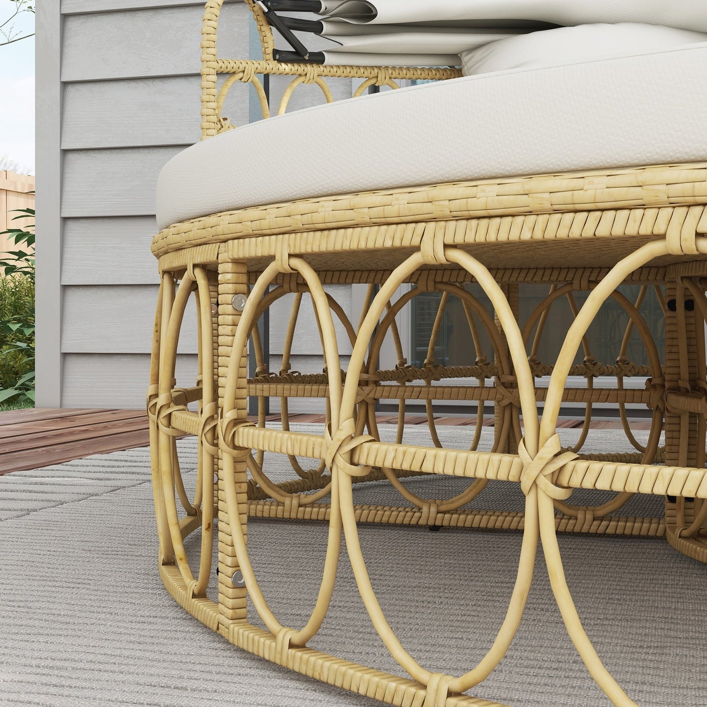 Set di mobili da giardino Outsunny, divano letto rotondo da esterno con baldacchino retrattile, divano componibile in rattan PE con vimini cavo