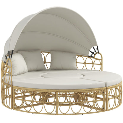 Set di mobili da giardino Outsunny, divano letto rotondo da esterno con baldacchino retrattile, divano componibile in rattan PE con vimini cavo