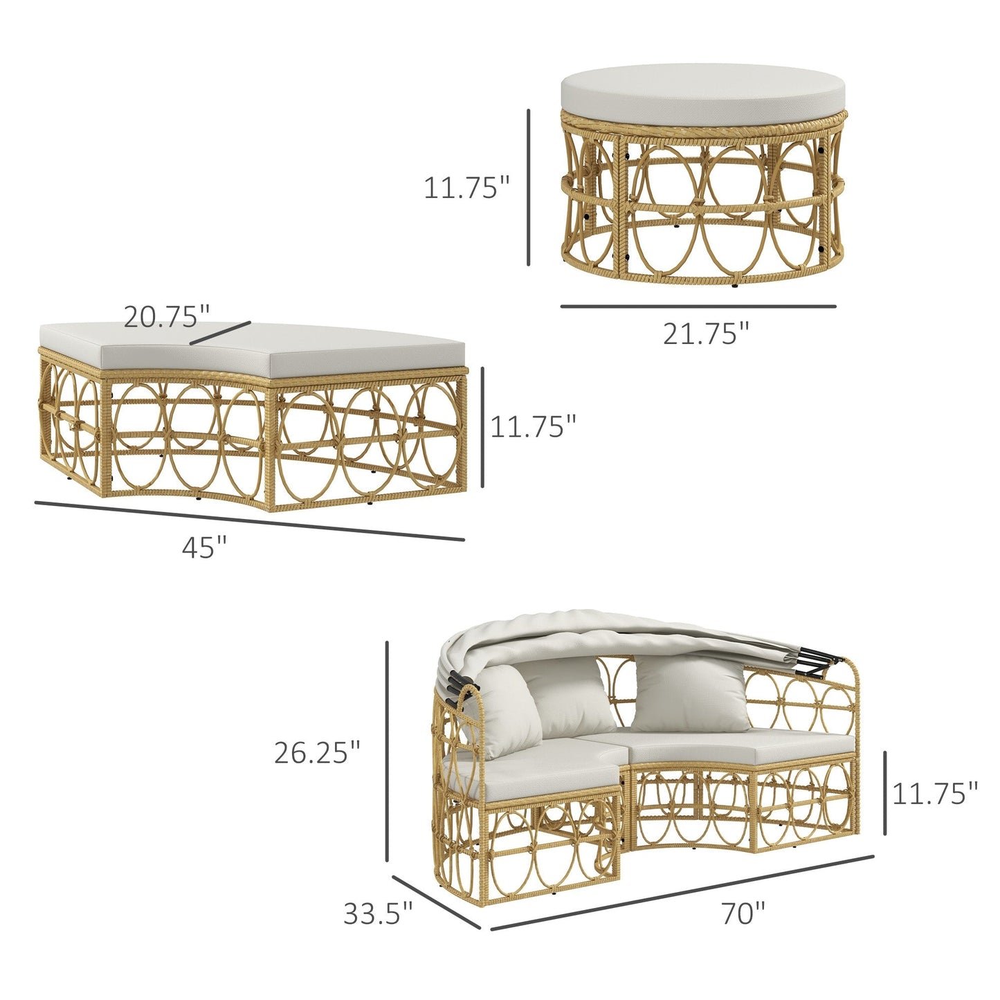 Set di mobili da giardino Outsunny, divano letto rotondo da esterno con baldacchino retrattile, divano componibile in rattan PE con vimini cavo