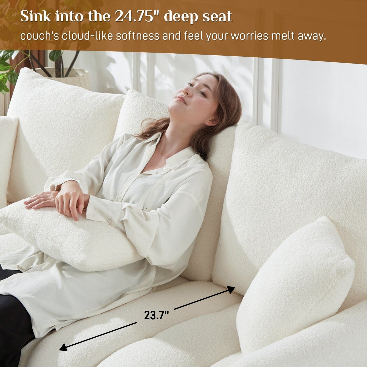 Divano imbottito Ouyessir in tessuto morbido con seduta profonda e 3 cuscini