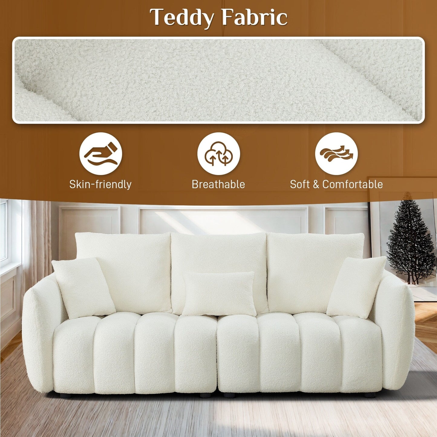 Divano imbottito Ouyessir in tessuto morbido con seduta profonda e 3 cuscini