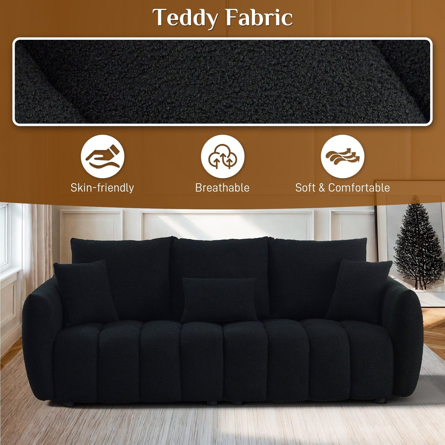 Divano imbottito Ouyessir in tessuto morbido con seduta profonda e 3 cuscini