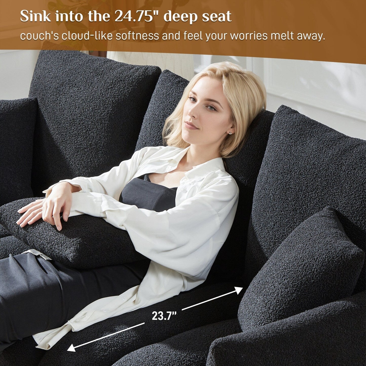 Divano imbottito Ouyessir in tessuto morbido con seduta profonda e 3 cuscini