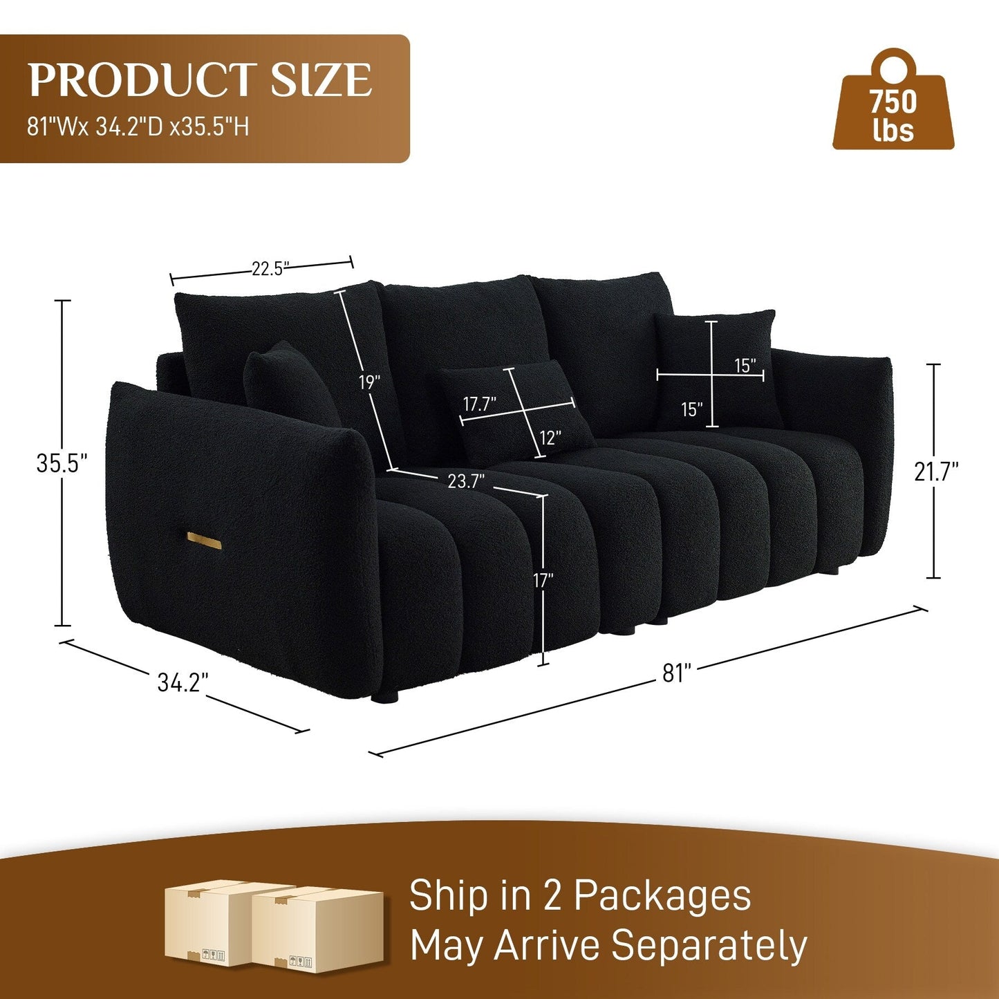 Divano imbottito Ouyessir in tessuto morbido con seduta profonda e 3 cuscini