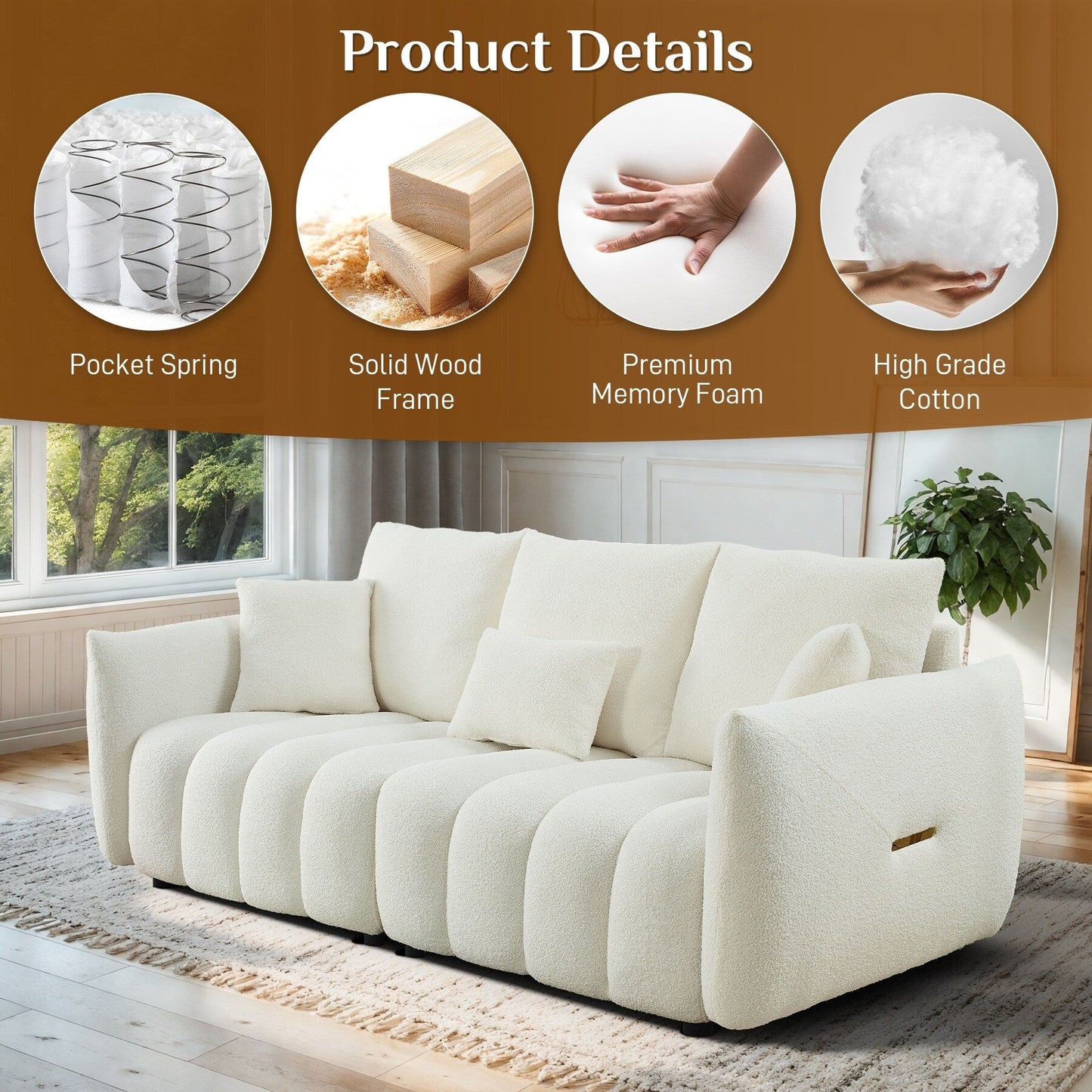 Divano imbottito Ouyessir in tessuto morbido con seduta profonda e 3 cuscini