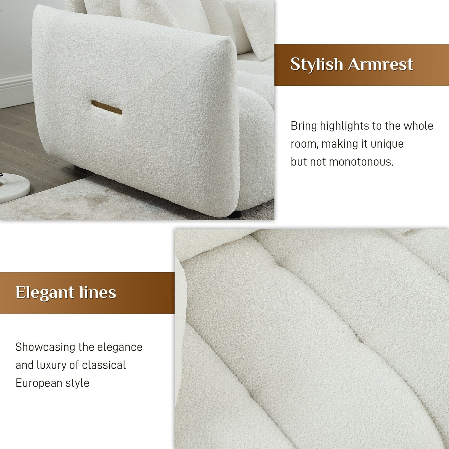 Divano imbottito Ouyessir in tessuto morbido con seduta profonda e 3 cuscini