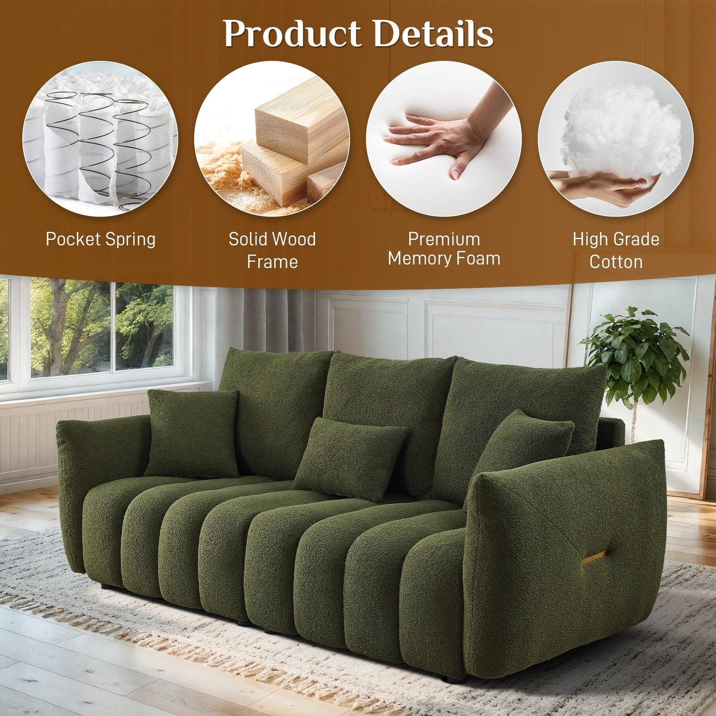 Divano imbottito Ouyessir in tessuto morbido con seduta profonda e 3 cuscini