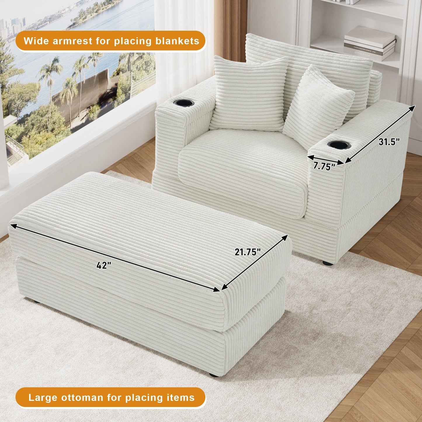 Divano singolo imbottito Ouyessir con seduta profonda e pouf per soggiorno