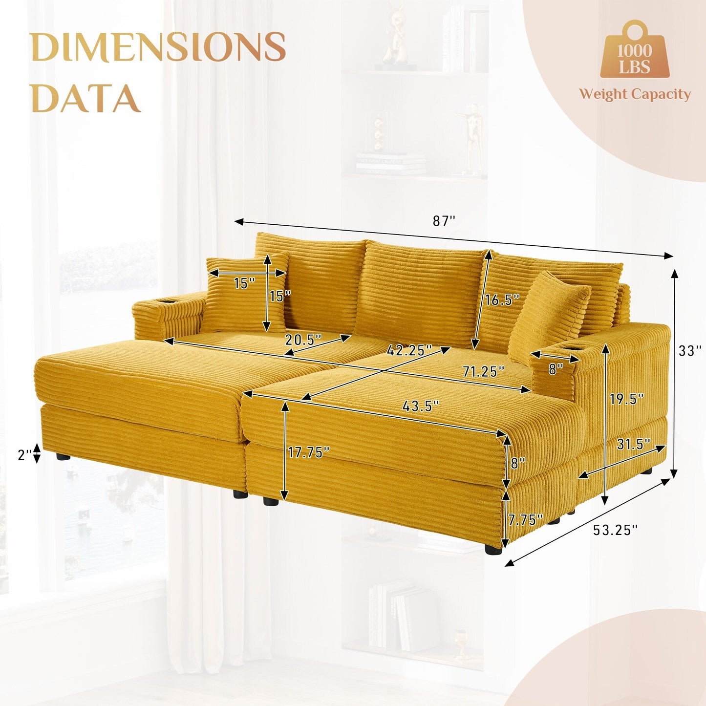 Divano singolo imbottito Ouyessir con seduta profonda e pouf per soggiorno