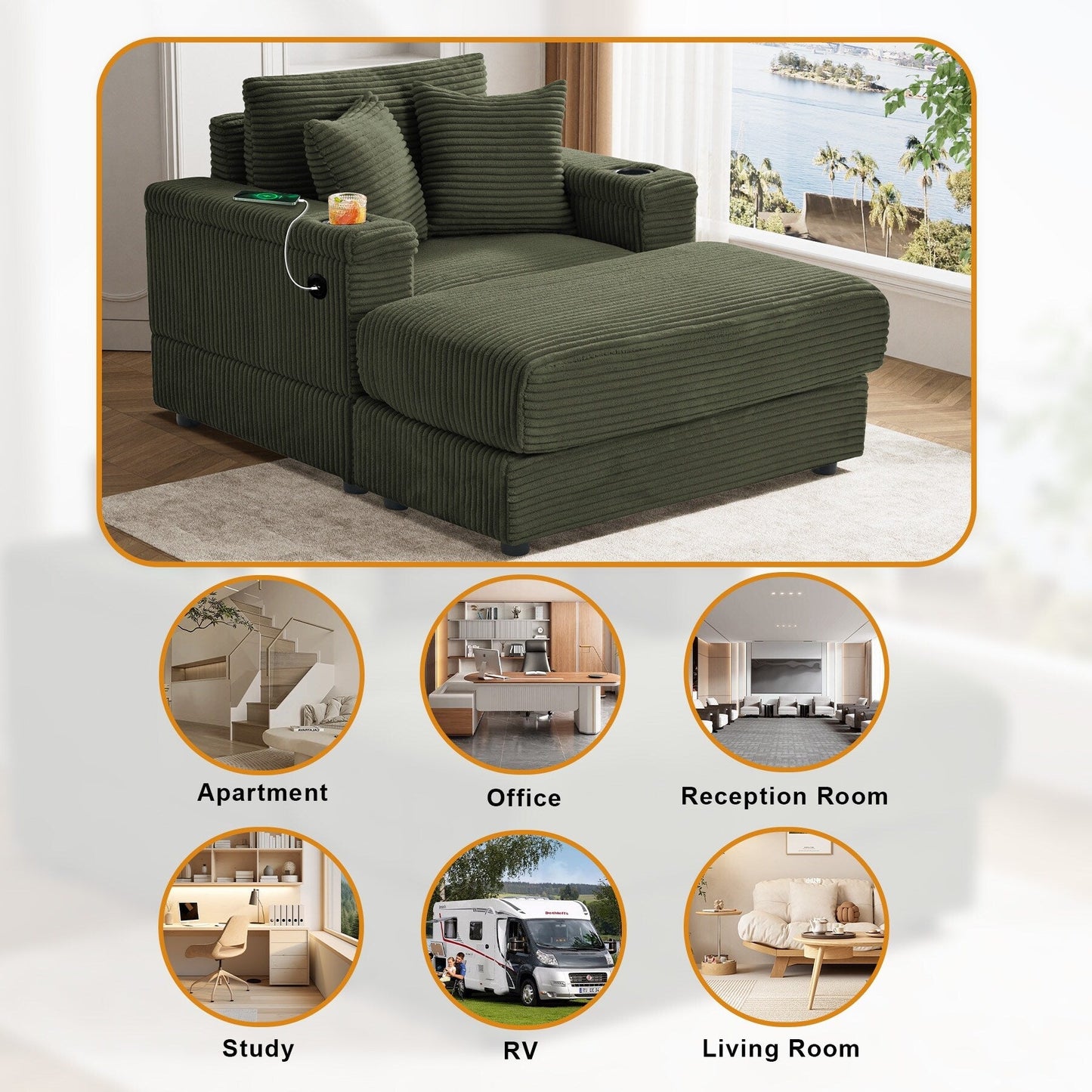 Divano singolo imbottito Ouyessir con seduta profonda e pouf per soggiorno