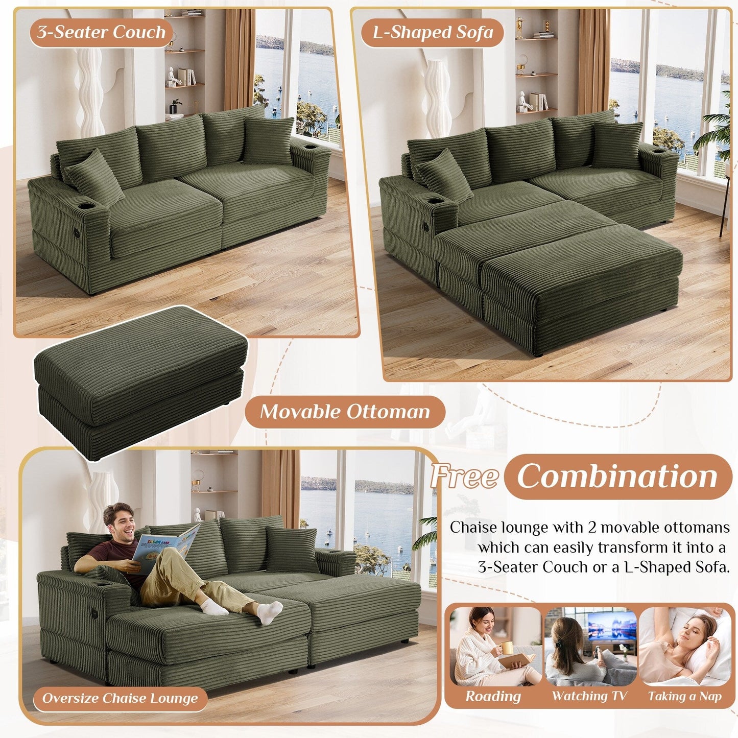 Divano singolo imbottito Ouyessir con seduta profonda e pouf per soggiorno