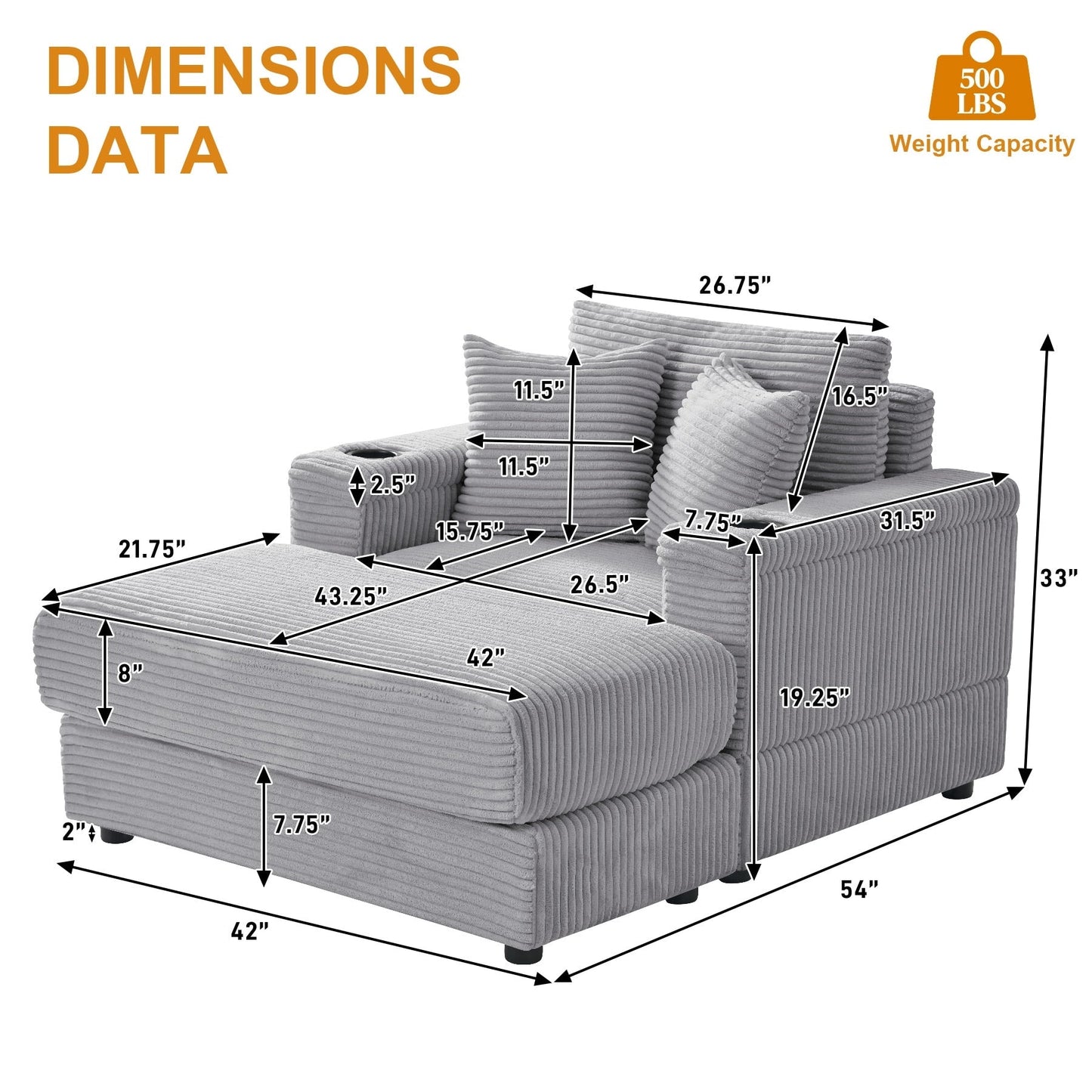 Divano singolo imbottito Ouyessir con seduta profonda e pouf per soggiorno