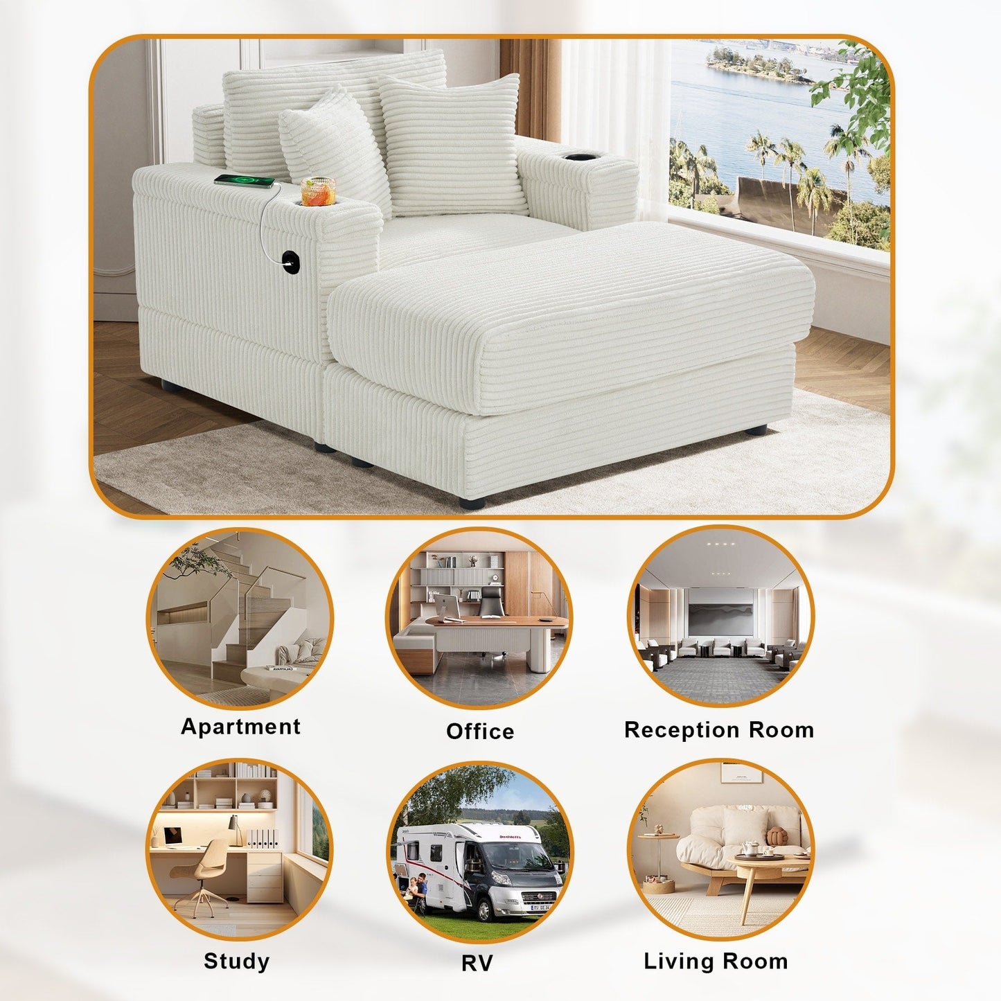 Divano singolo imbottito Ouyessir con seduta profonda e pouf per soggiorno