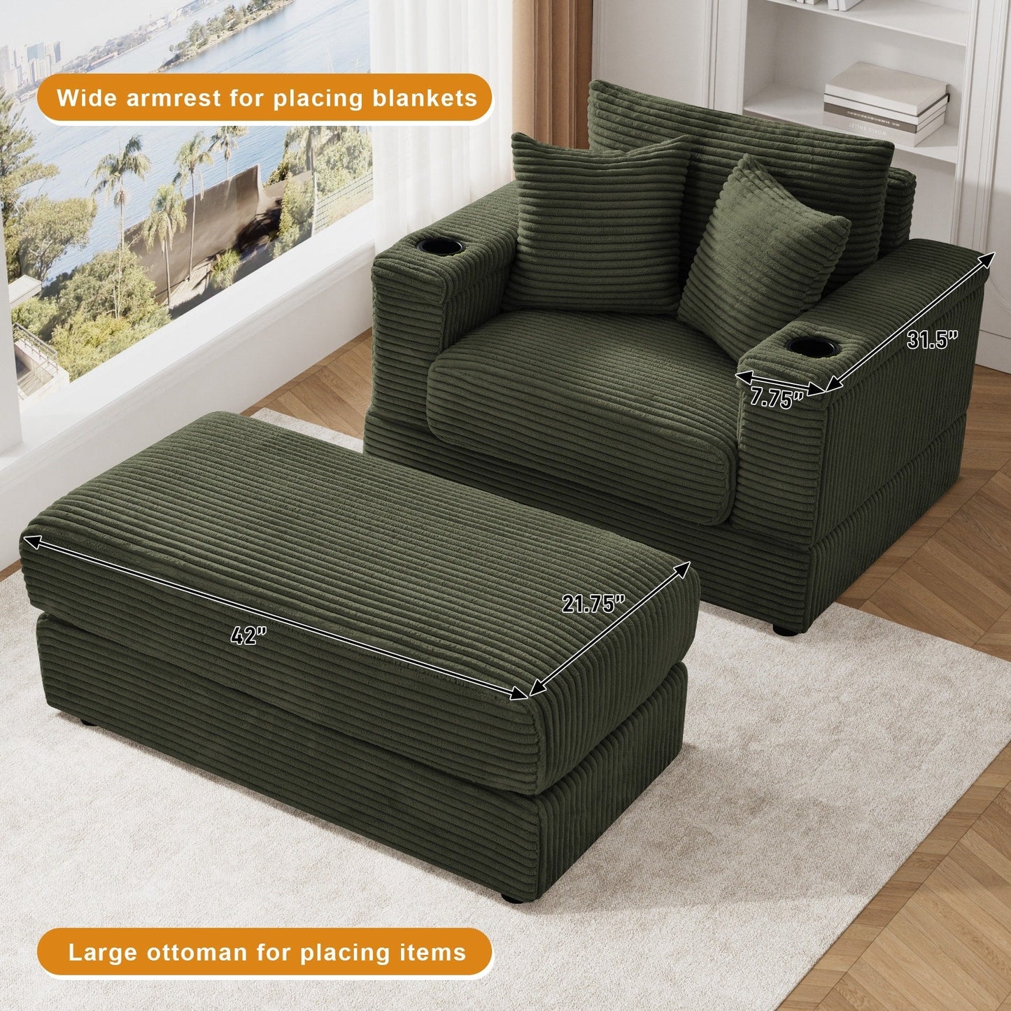 Divano singolo imbottito Ouyessir con seduta profonda e pouf per soggiorno