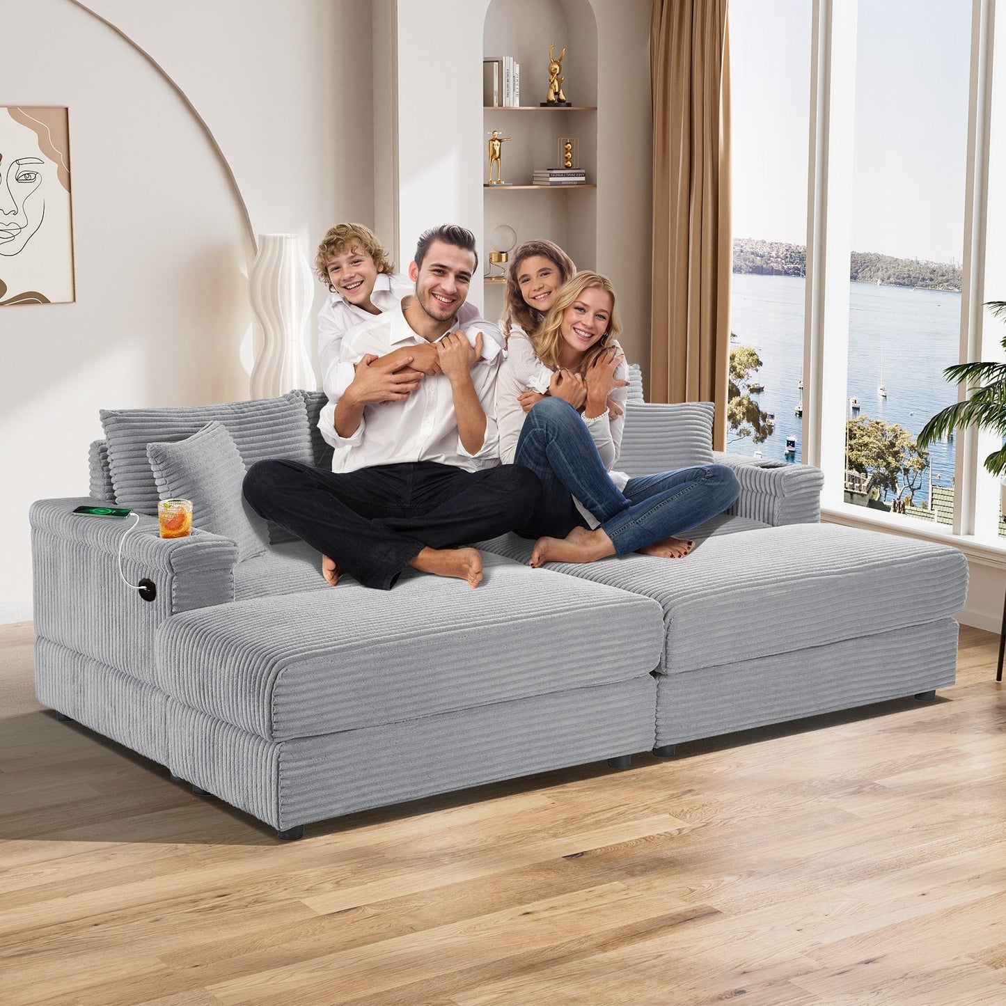 Divano singolo imbottito Ouyessir con seduta profonda e pouf per soggiorno