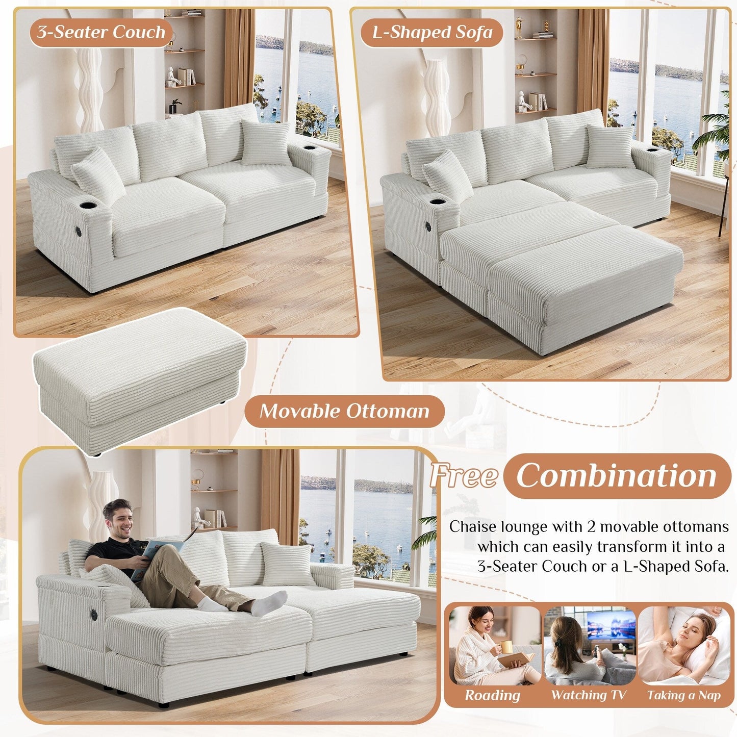 Divano singolo imbottito Ouyessir con seduta profonda e pouf per soggiorno