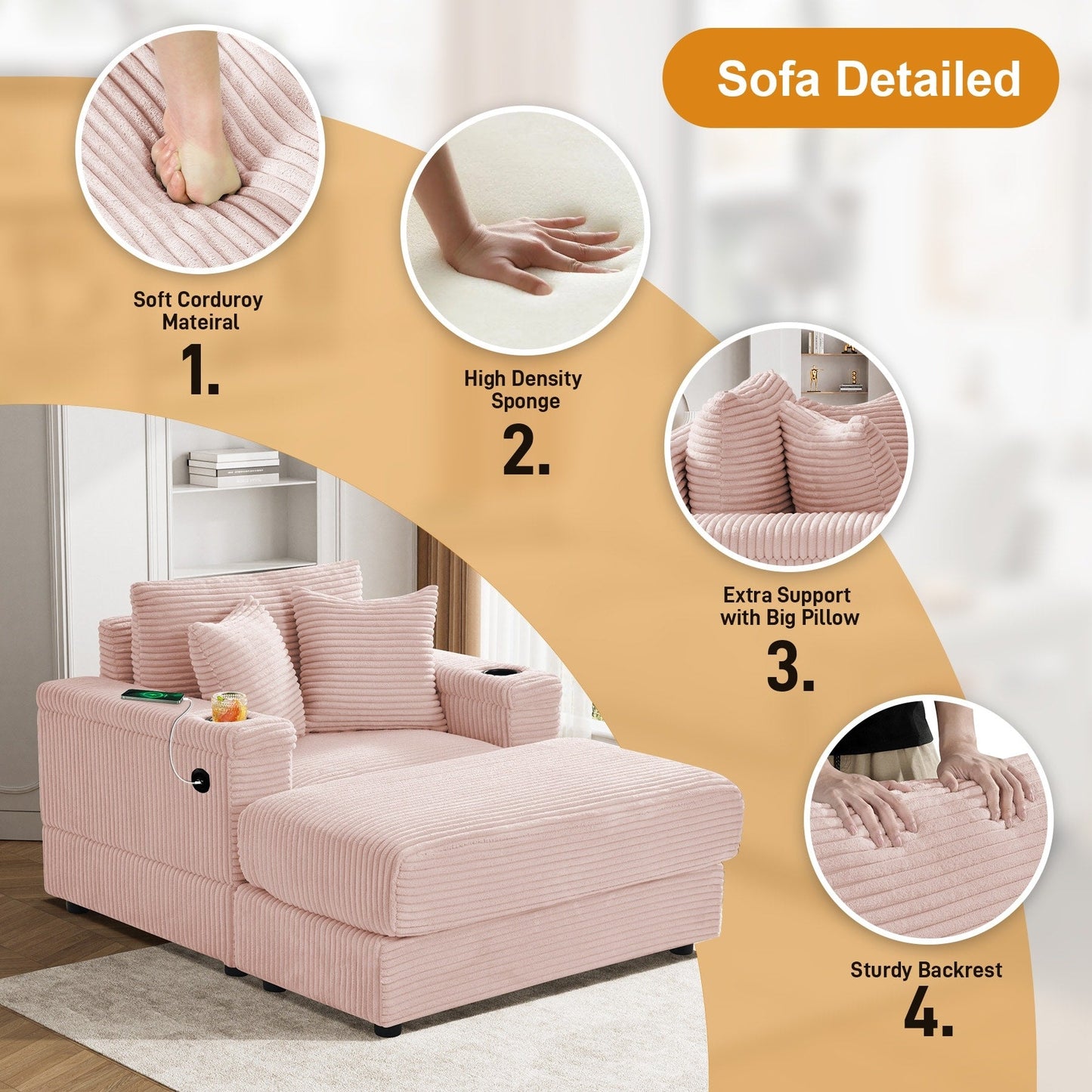 Divano singolo imbottito Ouyessir con seduta profonda e pouf per soggiorno