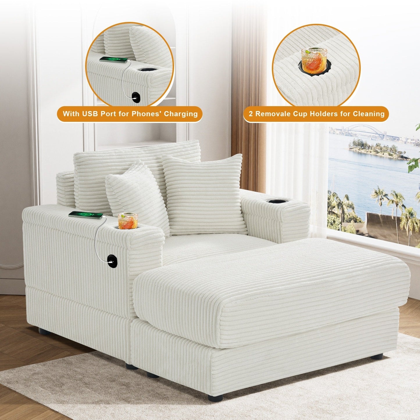 Divano singolo imbottito Ouyessir con seduta profonda e pouf per soggiorno