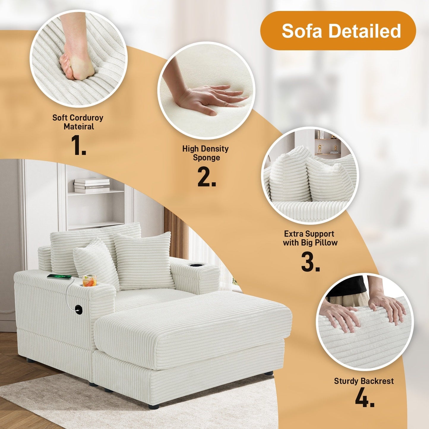 Divano singolo imbottito Ouyessir con seduta profonda e pouf per soggiorno