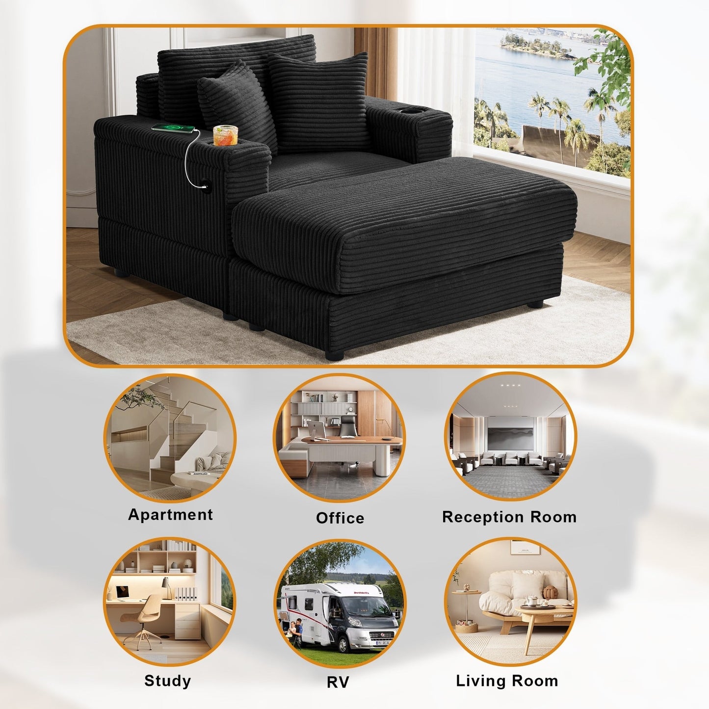 Divano singolo imbottito Ouyessir con seduta profonda e pouf per soggiorno