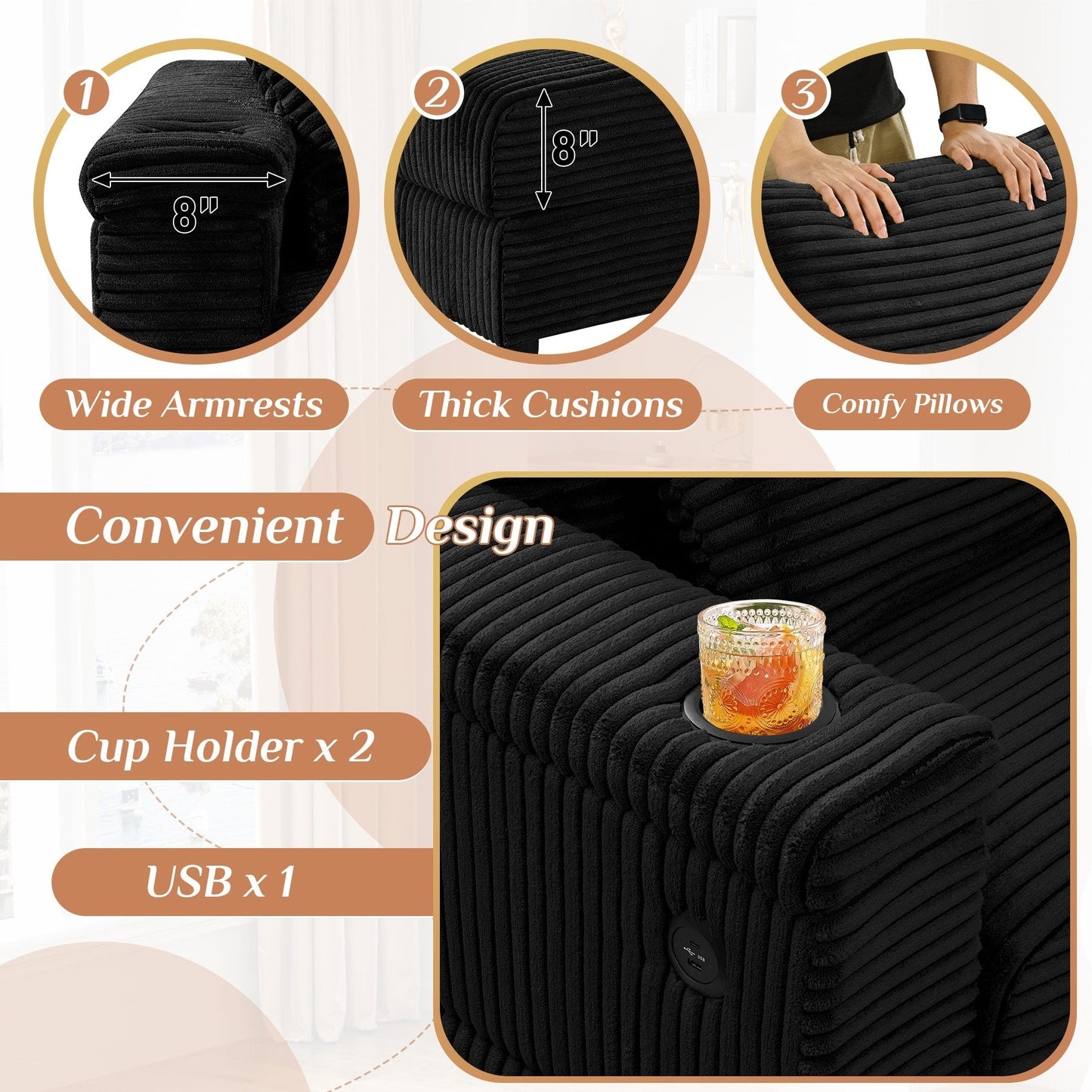 Divano singolo imbottito Ouyessir con seduta profonda e pouf per soggiorno