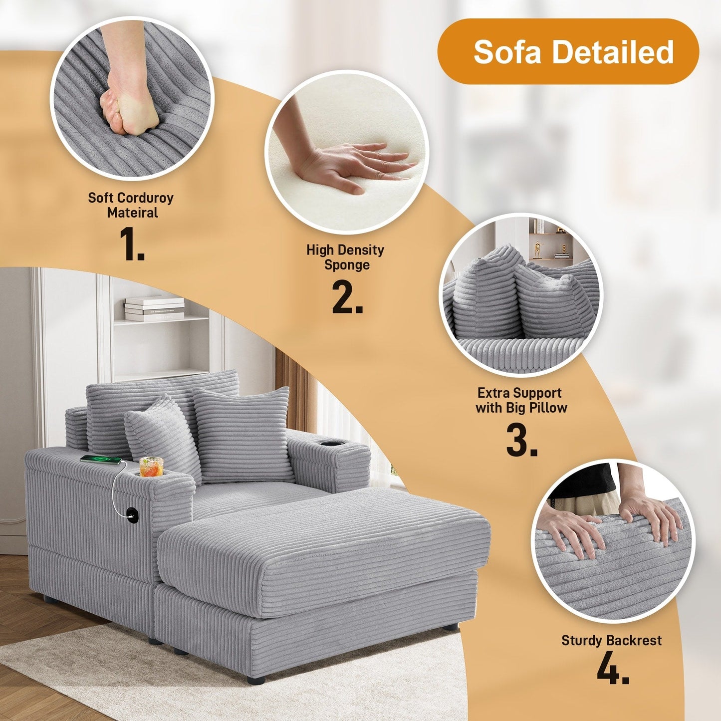 Divano singolo imbottito Ouyessir con seduta profonda e pouf per soggiorno