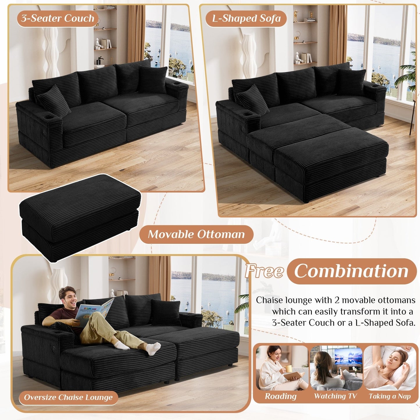 Divano singolo imbottito Ouyessir con seduta profonda e pouf per soggiorno