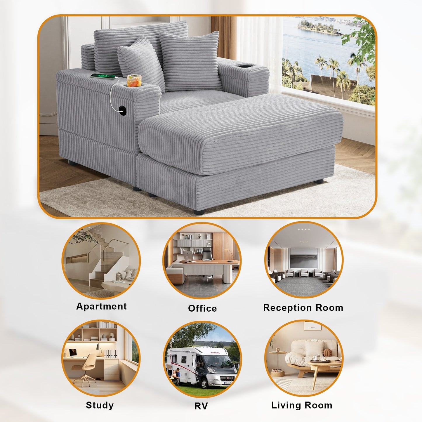 Divano singolo imbottito Ouyessir con seduta profonda e pouf per soggiorno