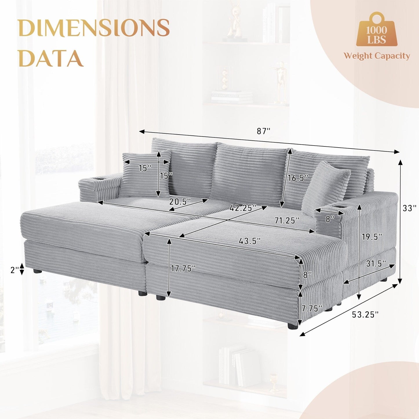 Divano singolo imbottito Ouyessir con seduta profonda e pouf per soggiorno