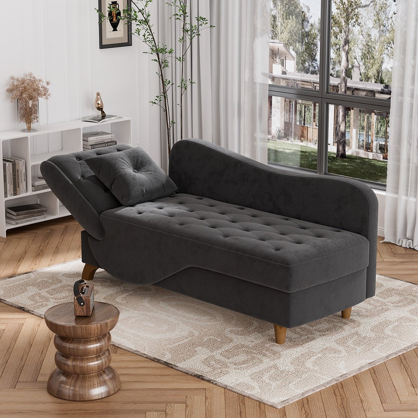 Poltrona chaise longue imbottita Ouyessir con bracciolo sinistro e cuscino lombare