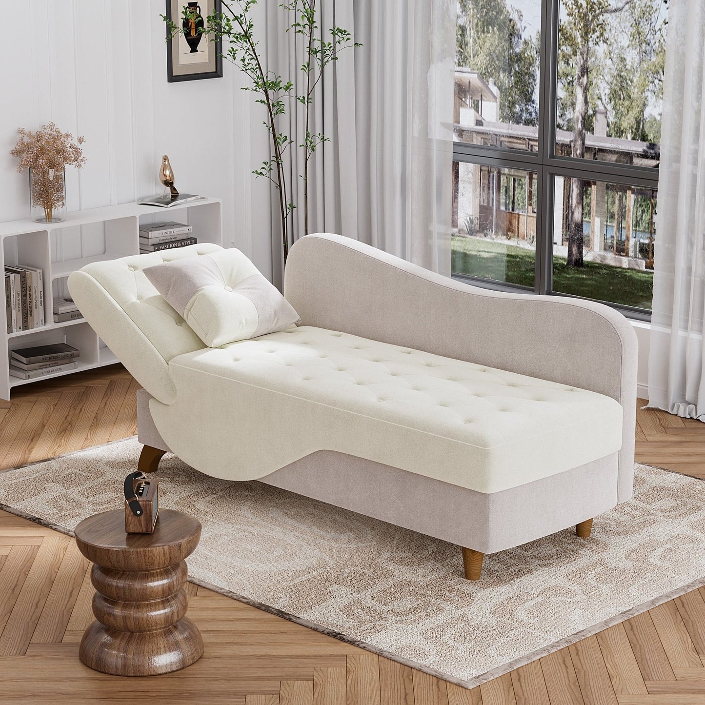 Poltrona chaise longue imbottita Ouyessir con bracciolo sinistro e cuscino lombare