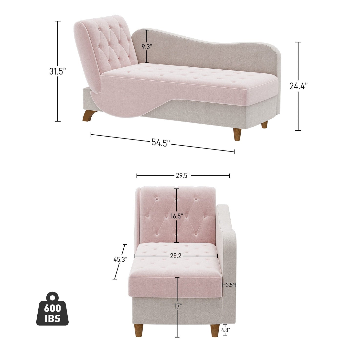Poltrona chaise longue imbottita Ouyessir con bracciolo sinistro e cuscino lombare