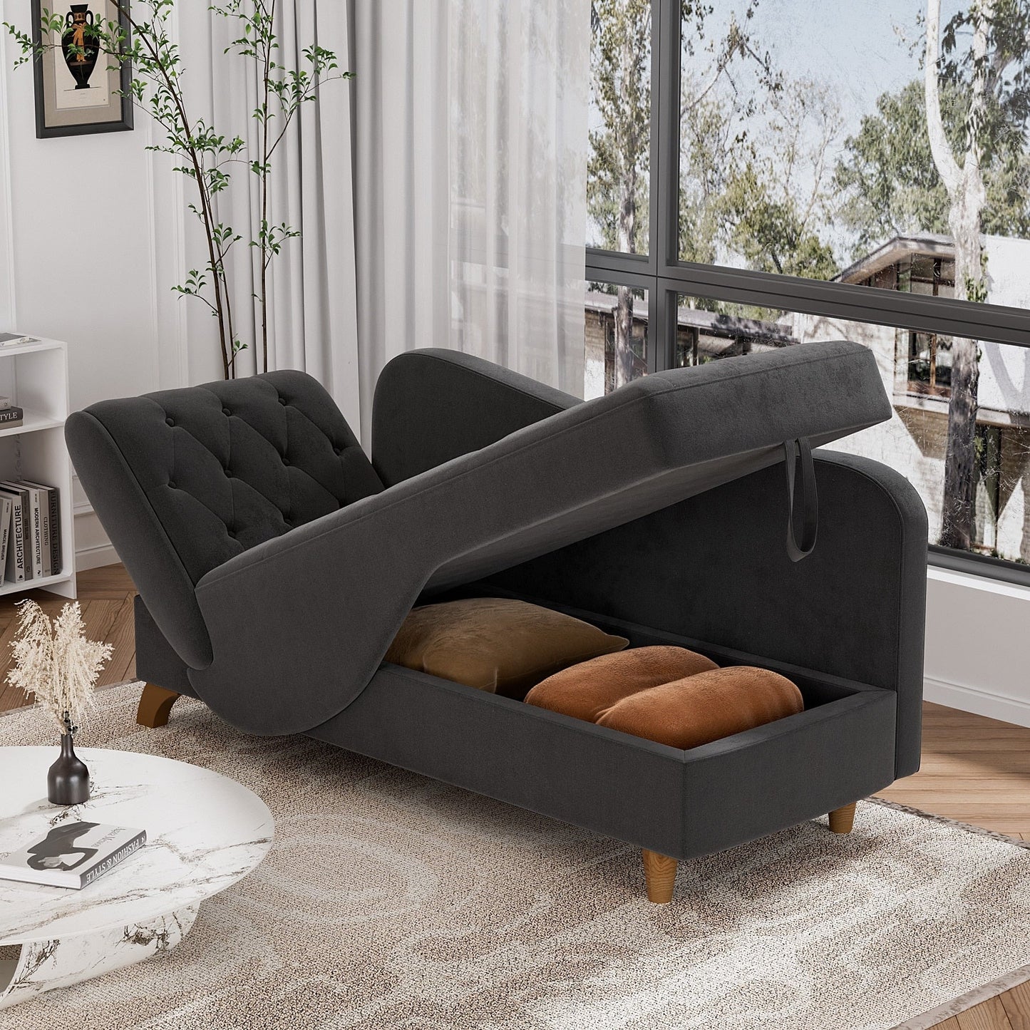 Poltrona chaise longue imbottita Ouyessir con bracciolo sinistro e cuscino lombare