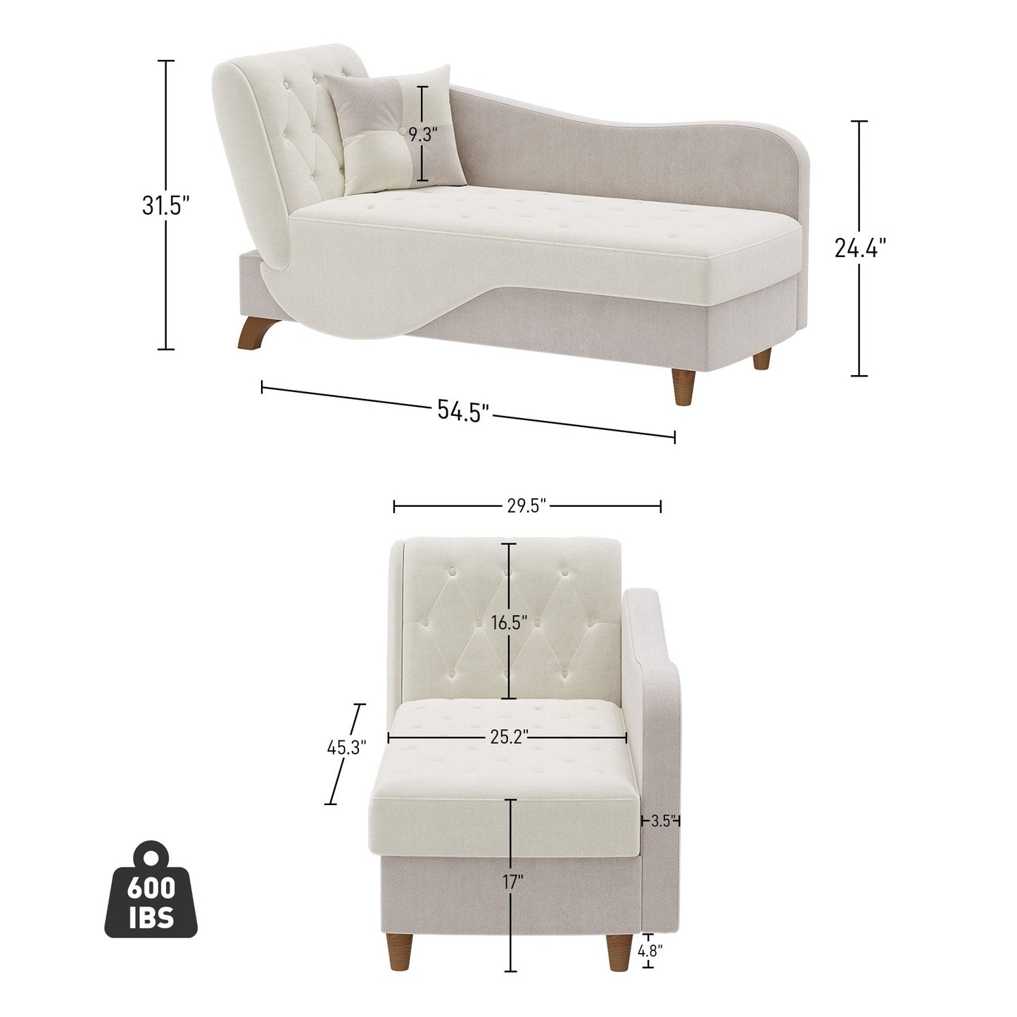 Poltrona chaise longue imbottita Ouyessir con bracciolo sinistro e cuscino lombare