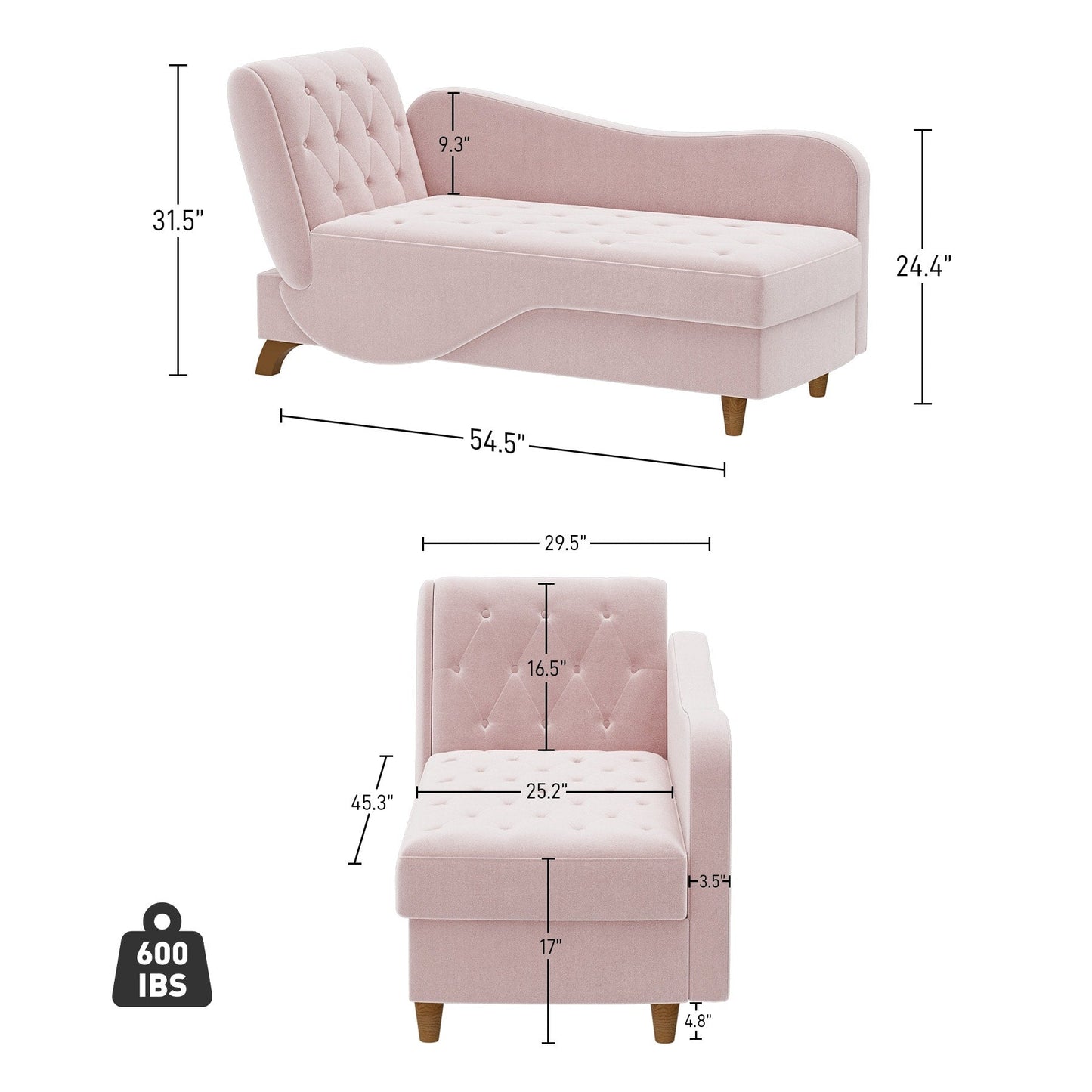 Poltrona chaise longue imbottita Ouyessir con bracciolo sinistro e cuscino lombare