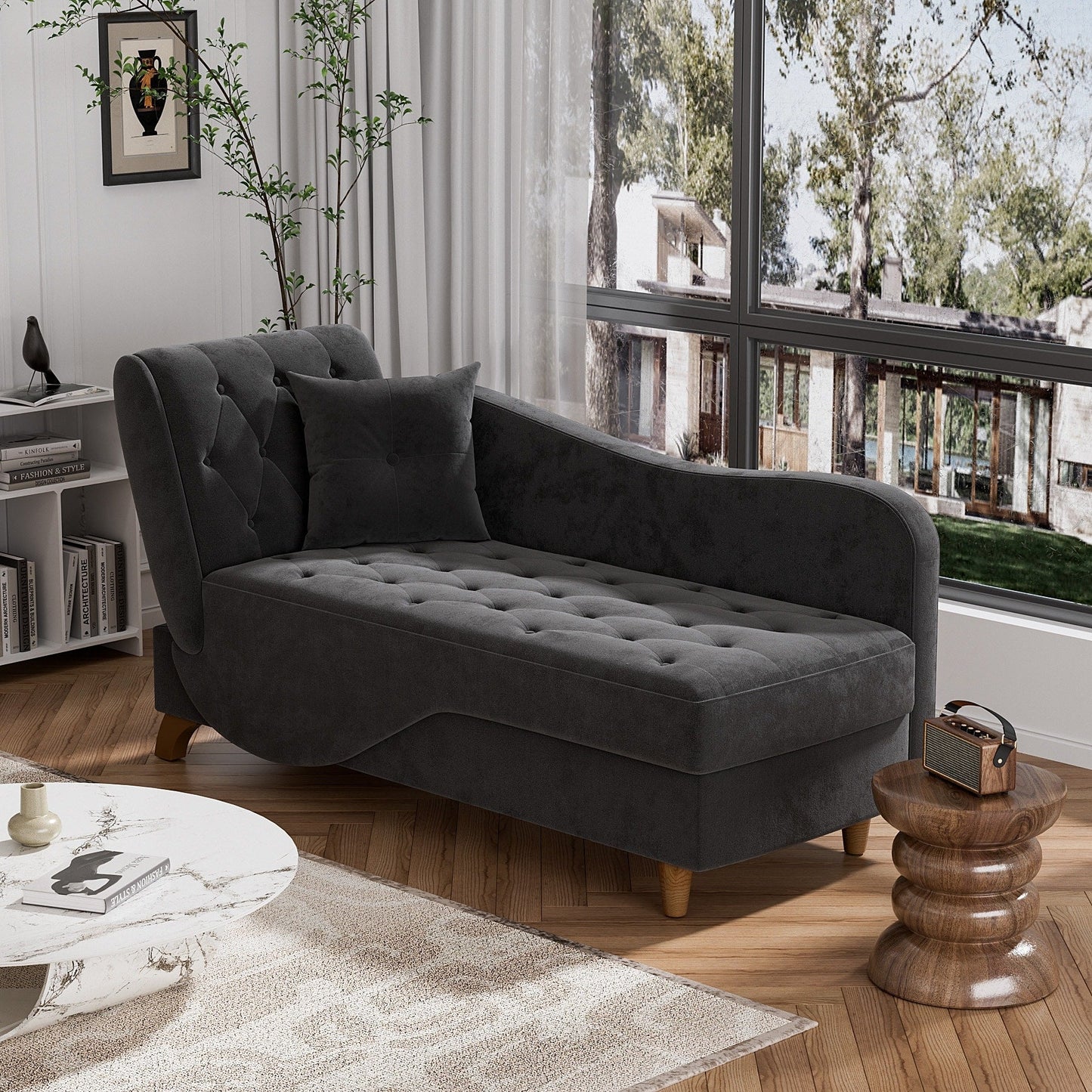 Poltrona chaise longue imbottita Ouyessir con bracciolo sinistro e cuscino lombare