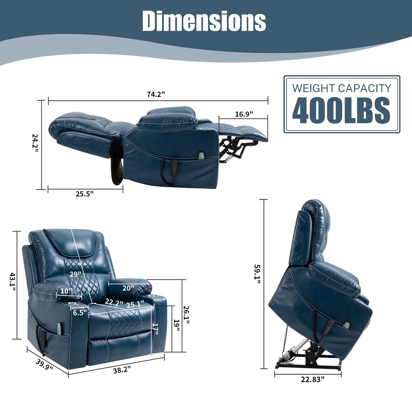 Poltrona reclinabile elettrica con sollevamento orizzontale a 180°, di grandi dimensioni, con controllo indipendente e doppio motore, modello di punta, aggiornata