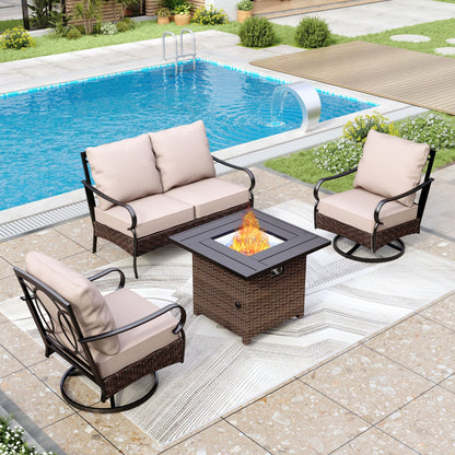 MAISON ARTS Set da esterno oversize da 6 pezzi con braciere - Divano a 3 posti, divano a 2 posti, sedie girevoli, pouf (beige)