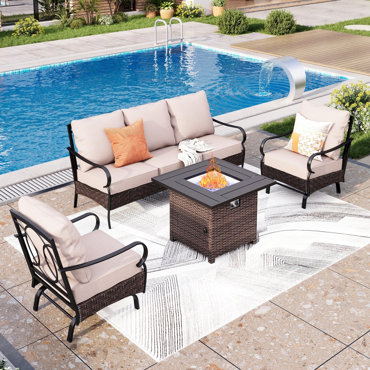 MAISON ARTS Set da esterno oversize da 6 pezzi con braciere - Divano a 3 posti, divano a 2 posti, sedie girevoli, pouf (beige)