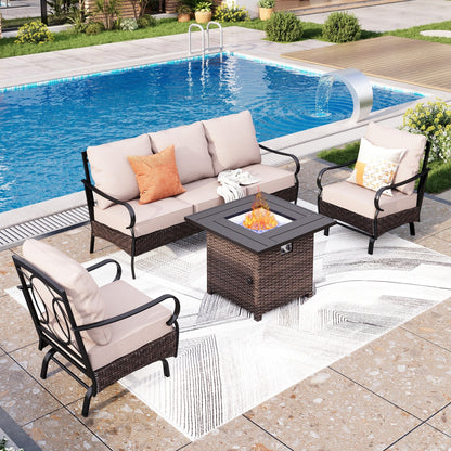 MAISON ARTS Set da esterno oversize da 6 pezzi con braciere - Divano a 3 posti, divano a 2 posti, sedie girevoli, pouf (beige)