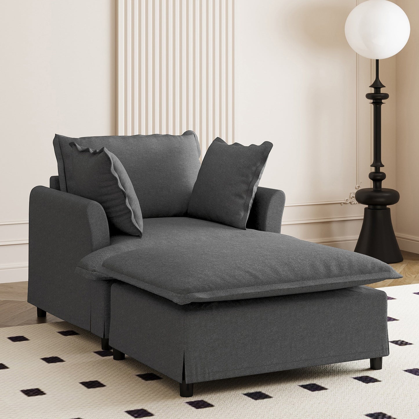 Divano letto singolo in ciniglia con chaise longue oversize e poltrona letto con poggiapiedi mobile per soggiorno e camera da letto