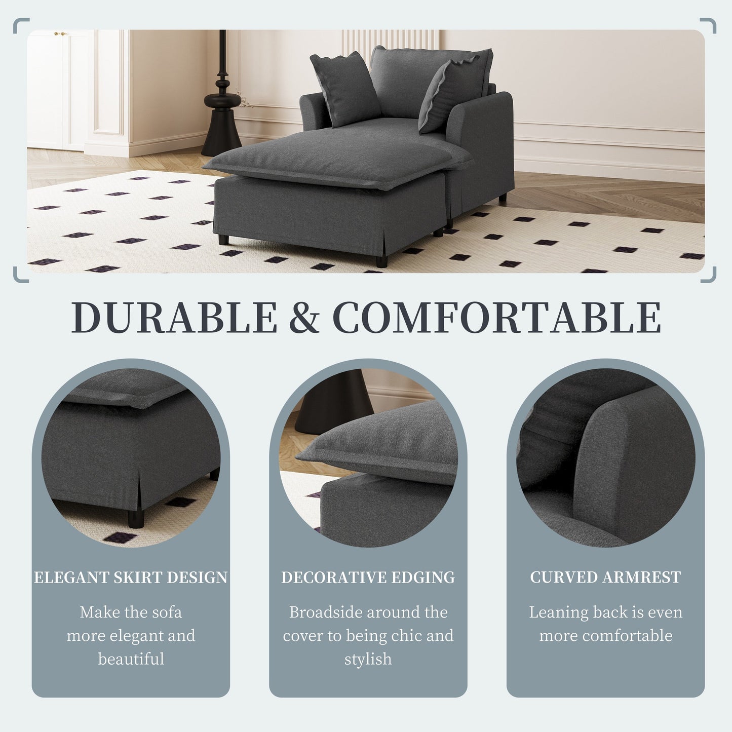 Divano letto singolo in ciniglia con chaise longue oversize e poltrona letto con poggiapiedi mobile per soggiorno e camera da letto