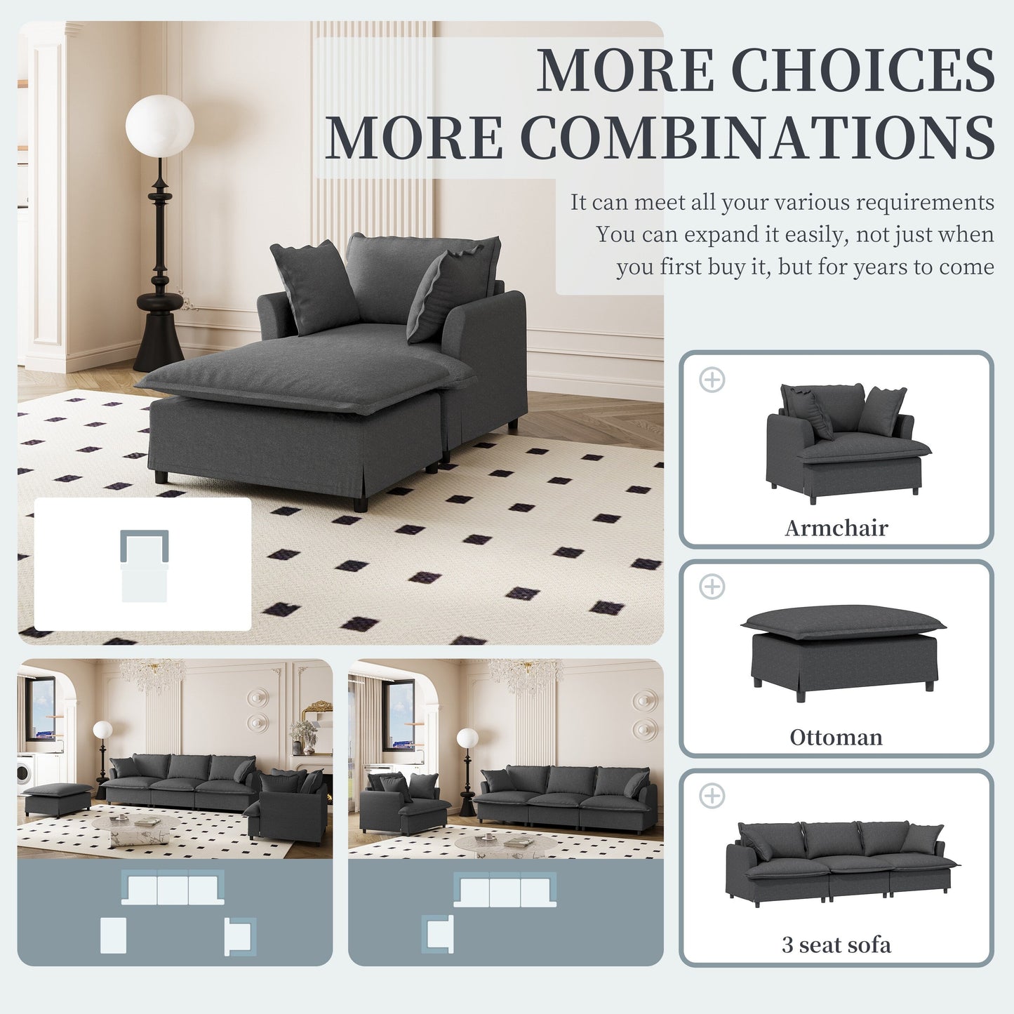 Divano letto singolo in ciniglia con chaise longue oversize e poltrona letto con poggiapiedi mobile per soggiorno e camera da letto