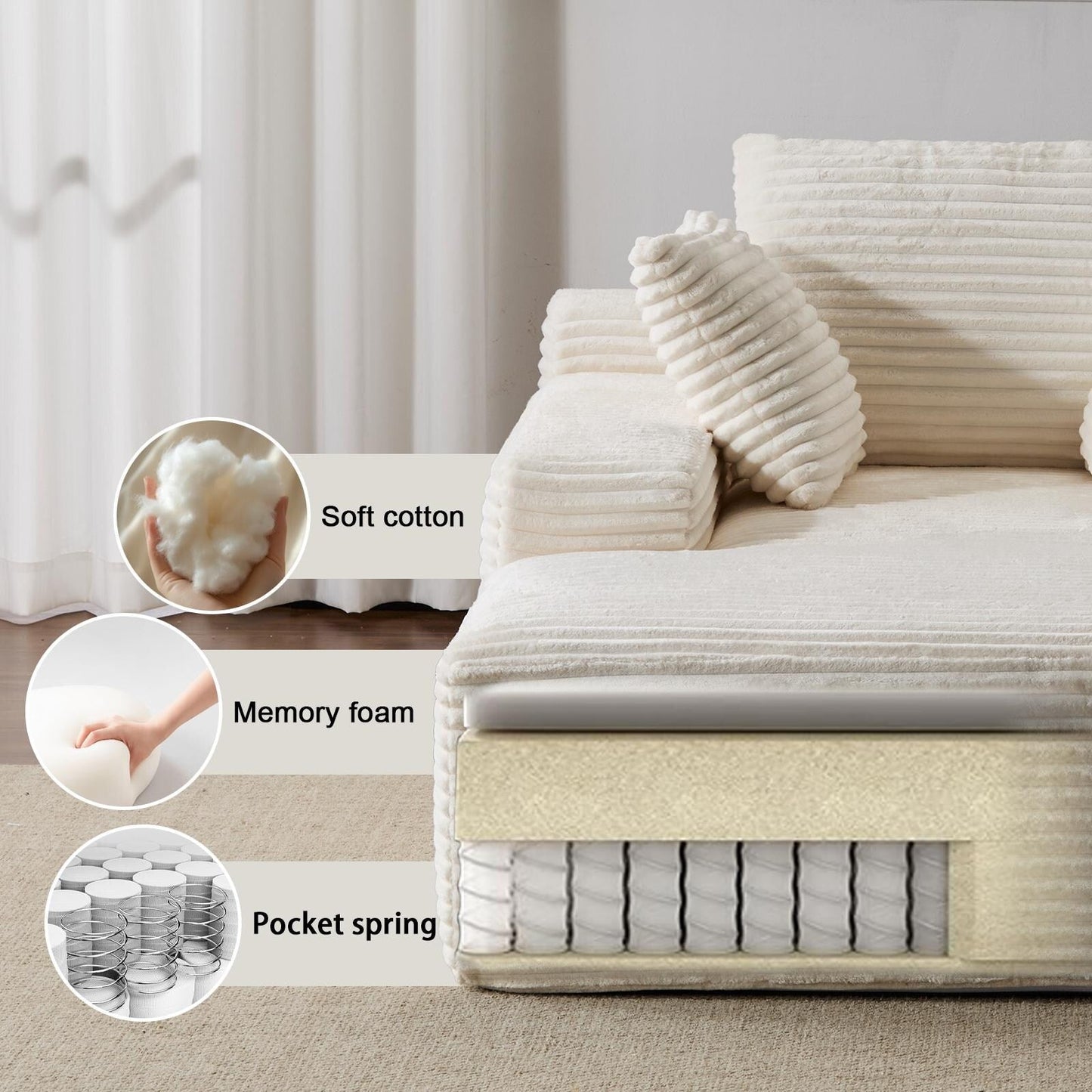 Divano letto oversize in velluto a coste con chaise longue e cuscini per soggiorno, senza montaggio