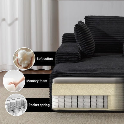 Divano letto oversize in velluto a coste con chaise longue e cuscini per soggiorno, senza montaggio